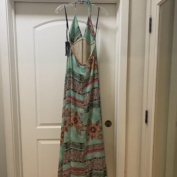 Tricia Fix Dress Womens Medium Green Floral Boho Maxi Halter Open Back Beach - Picture 4 of 4